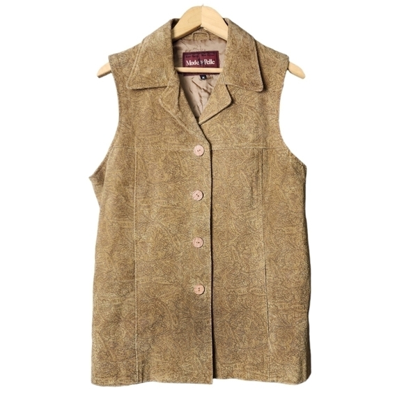 Vintage 90s Leather Embossed Paisley Button Up Vest Size Medium - Picture 1 of 11
